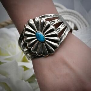 Vintage Bell Trading Post Nickel Silver Turquoise Cuff Bracelet Size 7